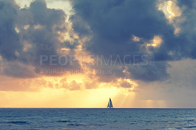 Buy stock photo Tropical sunset over the  Pacific Ocean - seen from Waikiki Beach, Honolulu