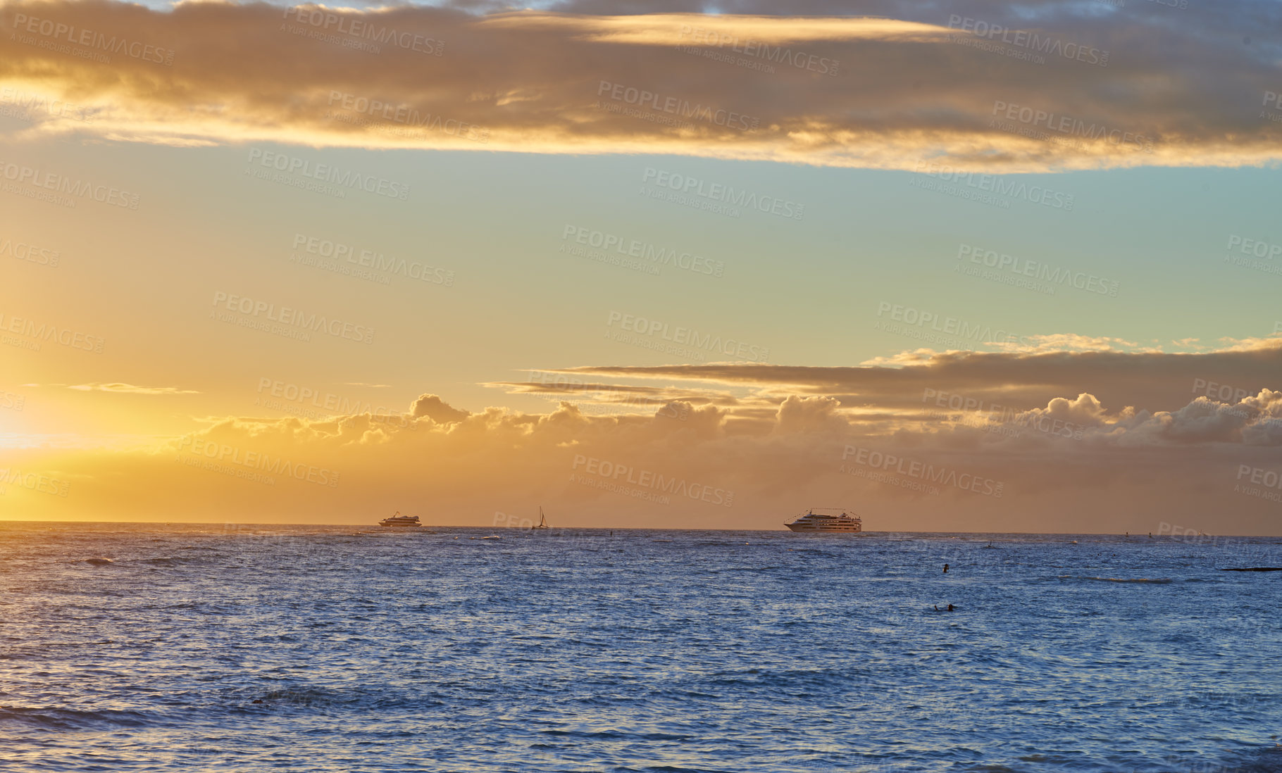 Buy stock photo Tropical sunset over the  Pacific Ocean - seen from Waikiki Beach, Honolulu