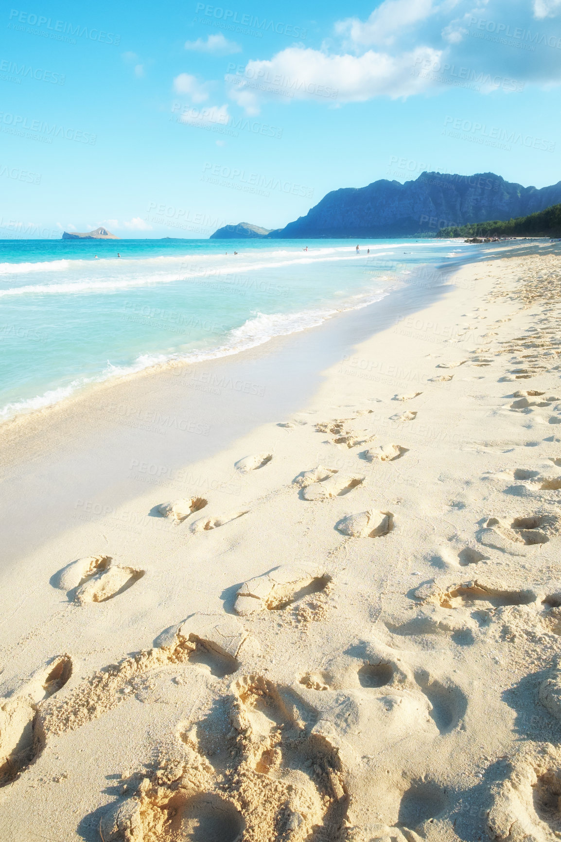 Buy stock photo Footprints, sand and beach coast for tourism, holiday trip and resort by tropical island of Hawaii. People, peace and travel to waves of Honolulu in nature, ocean vacation and sustainable adventure