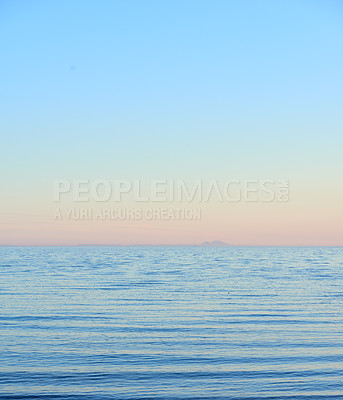 Buy stock photo Blue water, tropical sea and Hawaii with clear sky in summer in nature on holiday. Natural background, sunshine and sunrise at the ocean and beach of Oahu outdoor with calm waves and mockup space