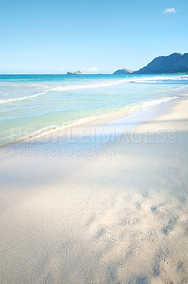 Buy stock photo Ocean, sand and beach coast for freedom, holiday trip and tranquility in tropical island of Hawaii. Shore, peace and travel to waves of Honolulu to relax, sea vacation and sustainable adventure