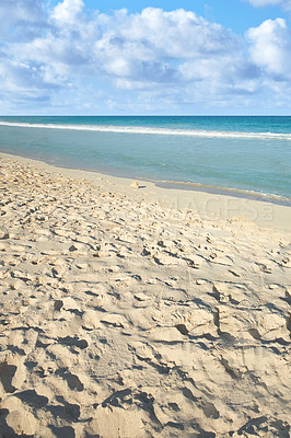 Buy stock photo Sea, sand and beach coast for freedom, holiday trip and tranquility in tropical island of Hawaii. Shore, peace and travel to waves of Honolulu to relax, ocean vacation and sustainable adventure