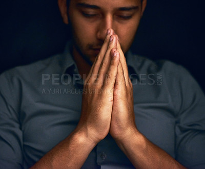 Buy stock photo God, worship and man with hands praying for hope, guidance or spiritual healing in a dark studio. Pray, thank you and Christian man in prayer for help, faith or gratitude and praise to Jesus christ