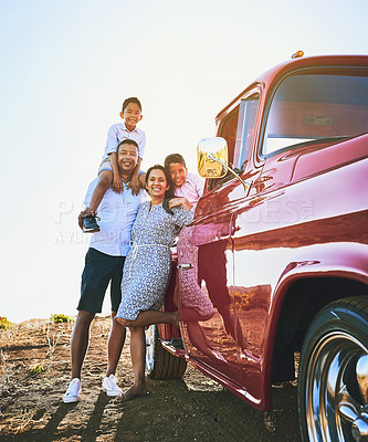 Buy stock photo Parents, children and smile with car for road trip, adventure and explore on holiday, weekend or vacation. Travel, vintage pickup truck and mother, father and kids for journey and bonding together
