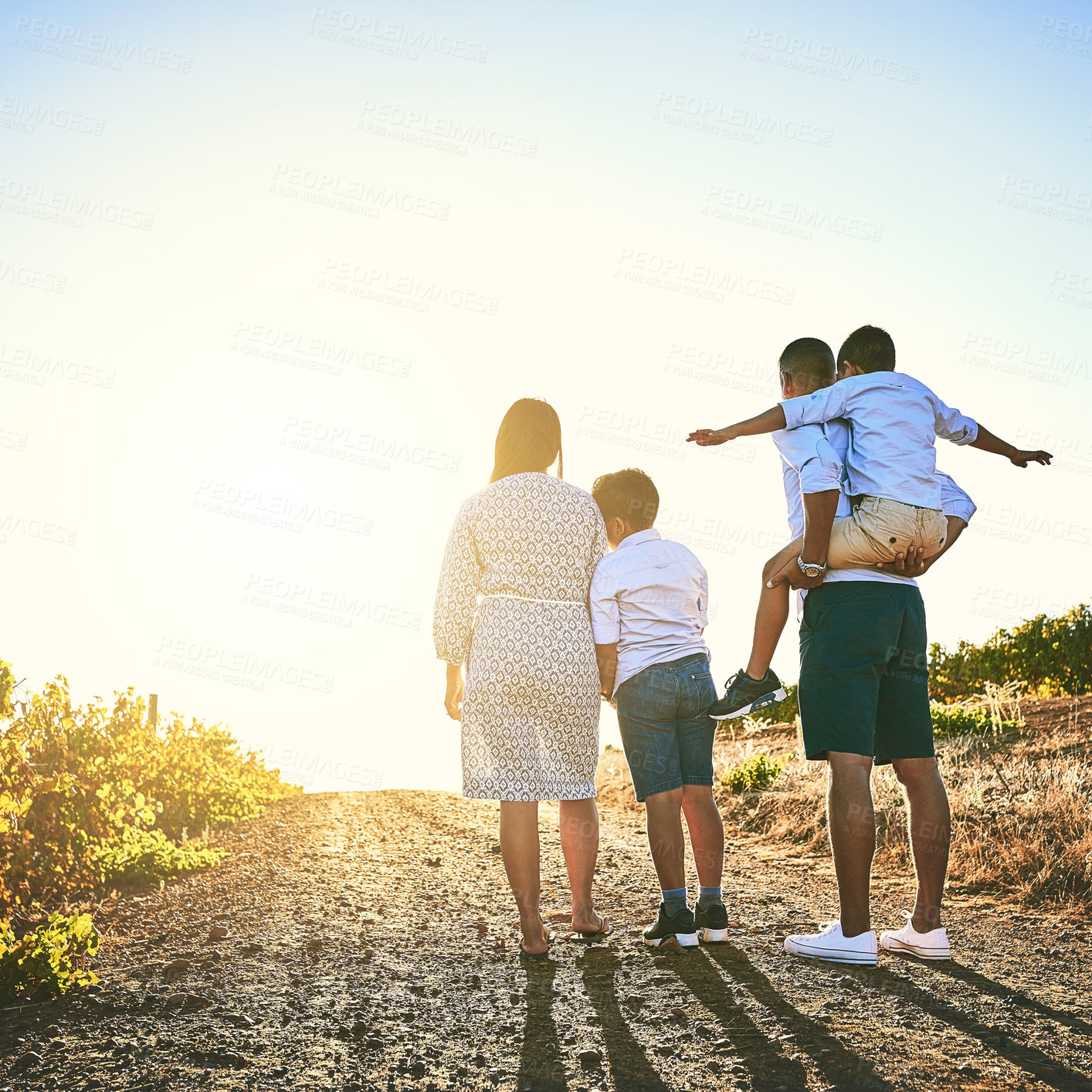 Buy stock photo Family, children and back in outdoor on vacation or holiday in Tuscany for bonding, memory or support. People, piggyback and kids in nature for together, growth or development in Italy for travel