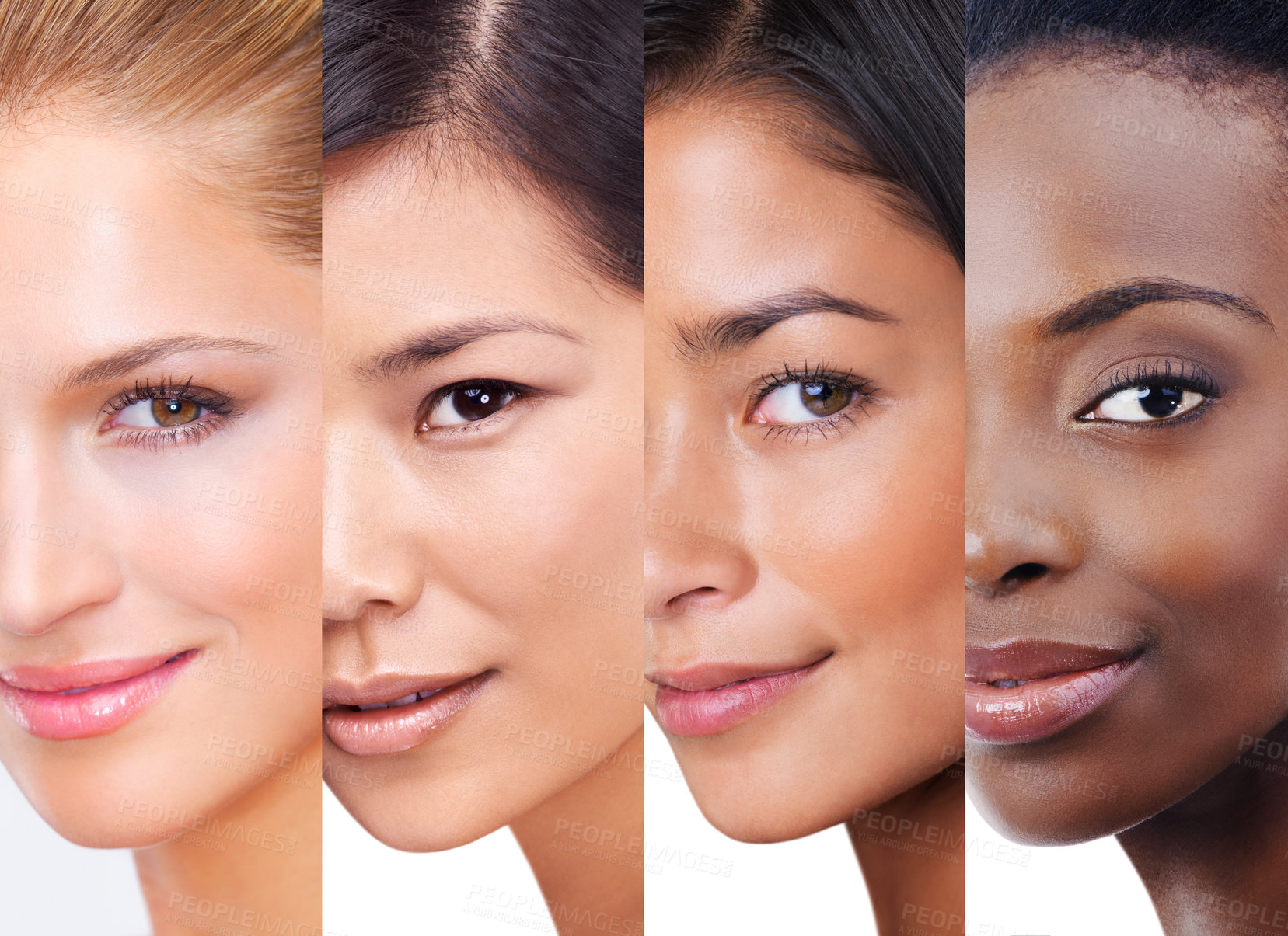 Buy stock photo Shot of woman with different skintones superimposed over each other in the studio