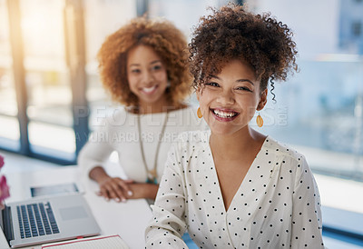 Buy stock photo Women, entrepreneur and web design business, team in modern office with smile in startup portrait. Creative, desk and laptop with seo partnership and internet with black women, email and technology.