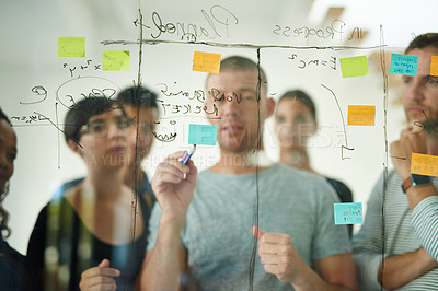 Buy stock photo Group of creative business people brainstorm ideas on a glass board. Colleagues training, teamwork in a workshop or seminar for learning innovative startup company strategy in a meeting together
