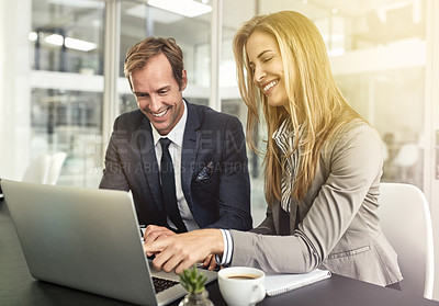 Buy stock photo Man, woman and laptop with partner, research and smile with pointing for project, ideas or company vision. Businessman, partnership and computer with discussion, teamwork and consulting with analysis
