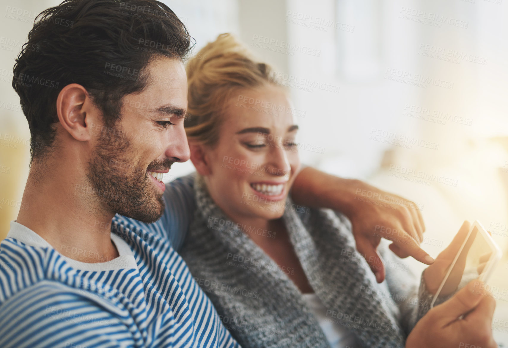 Buy stock photo Happy couple, relax or tablet for movie, streaming online or news on couch in living room. Technology, internet or people in lounge on social network app on digital website or touchscreen in home