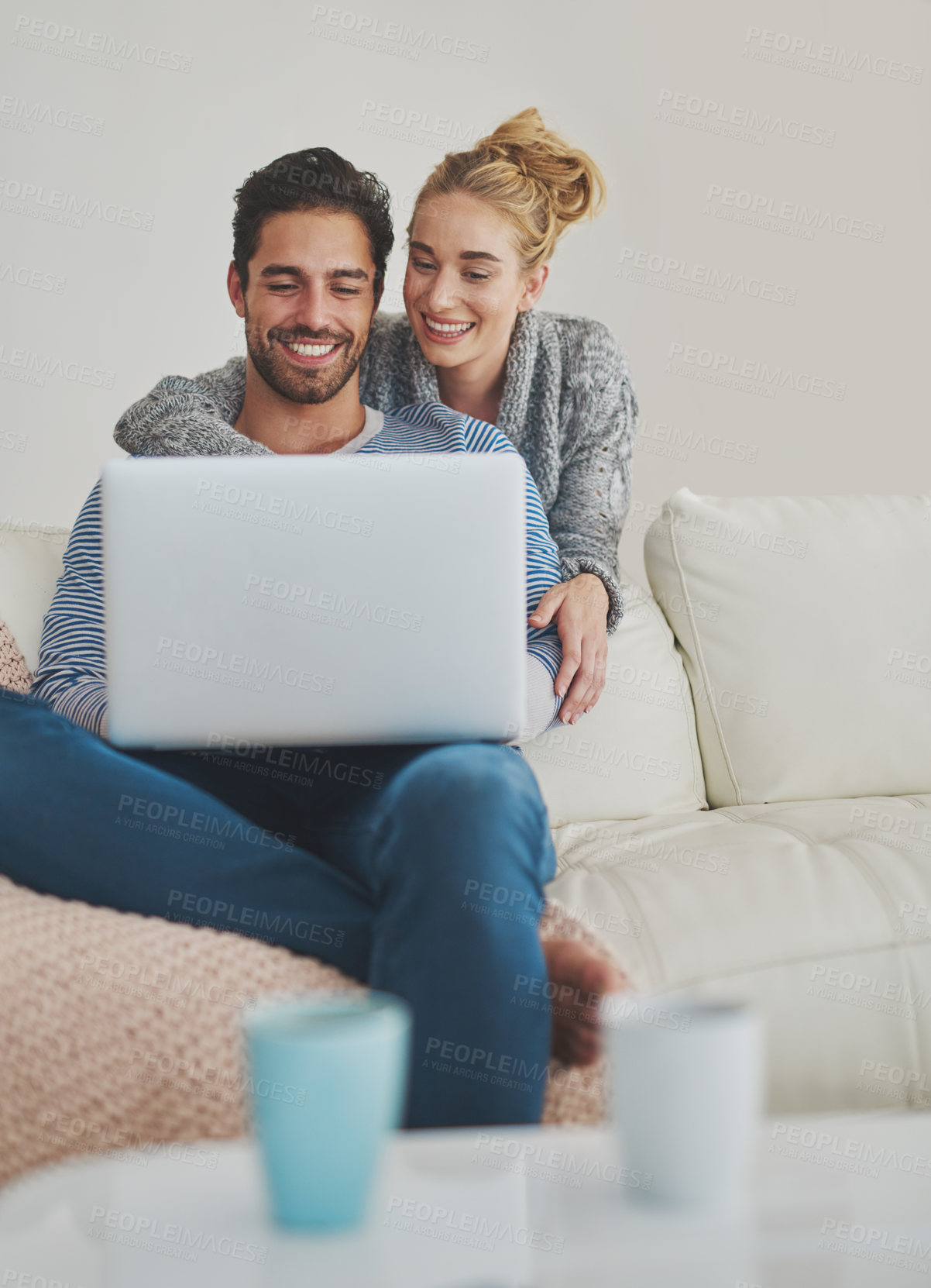 Buy stock photo Happy couple, relax or laptop for reading news, choice or movie streaming online on sofa in living room. Ecommerce, internet or people on social network app on digital website or technology in home