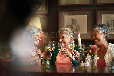 Buy stock photo Happy, wine and laugh with elderly friends in restaurant for bonding, diversity and relax. Retirement, hospitality and lunch with group of senior people with drink for social, memory and support