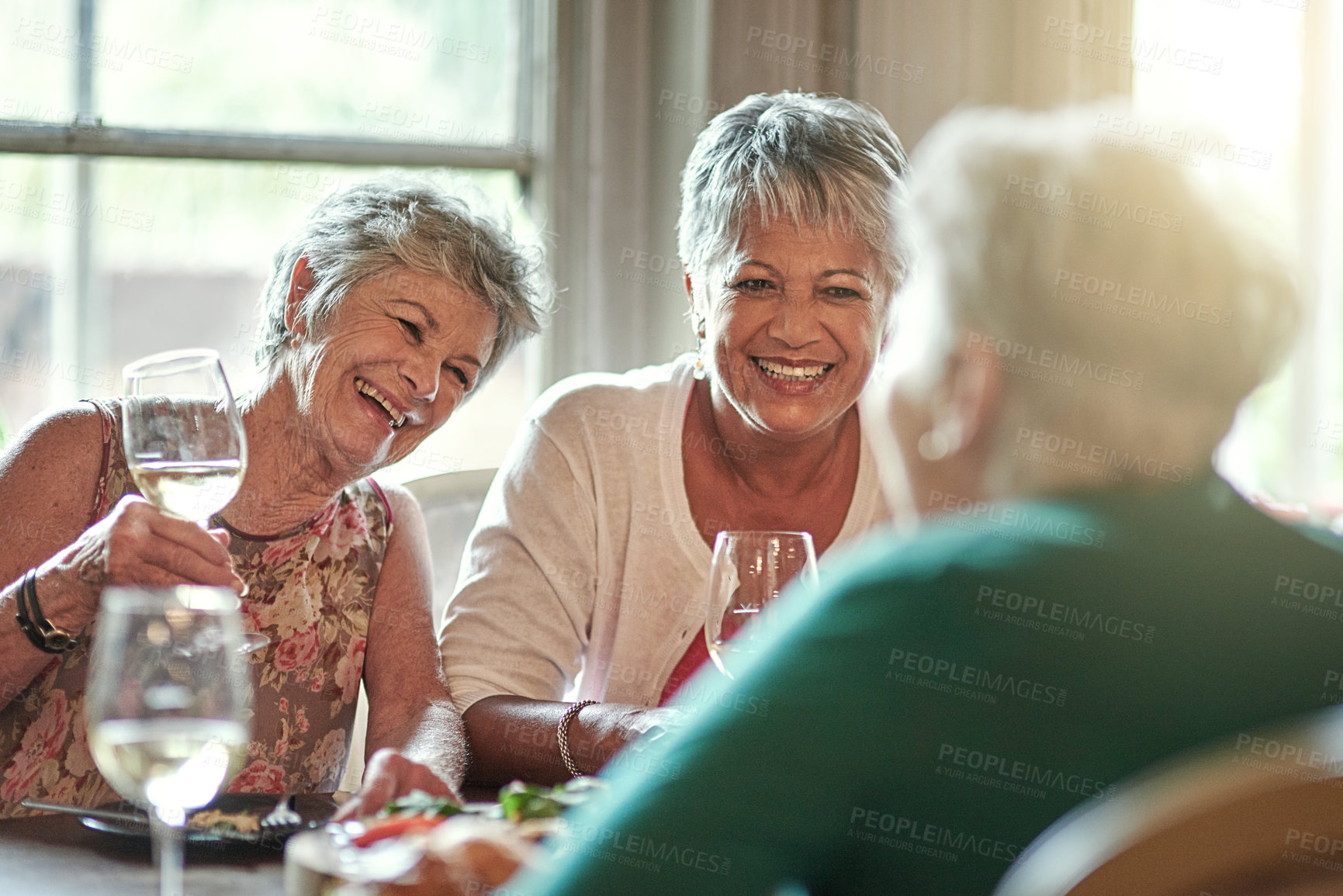 Buy stock photo Cropped shot of a group of senior female friends enjoying a lunch date