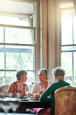 Buy stock photo Lunch, wine and conversation with elderly friends in restaurant for bonding, food and relax. Retirement, hospitality and happiness with senior people with drink for social, memory and support