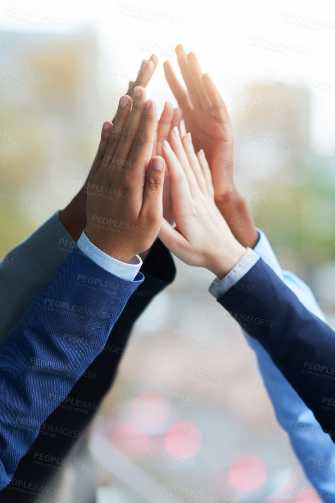 Buy stock photo Solidarity, hands and high five for teamwork, success and team building. Group, collaboration and business people with hand together for cooperation, support and synergy, motivation and celebration