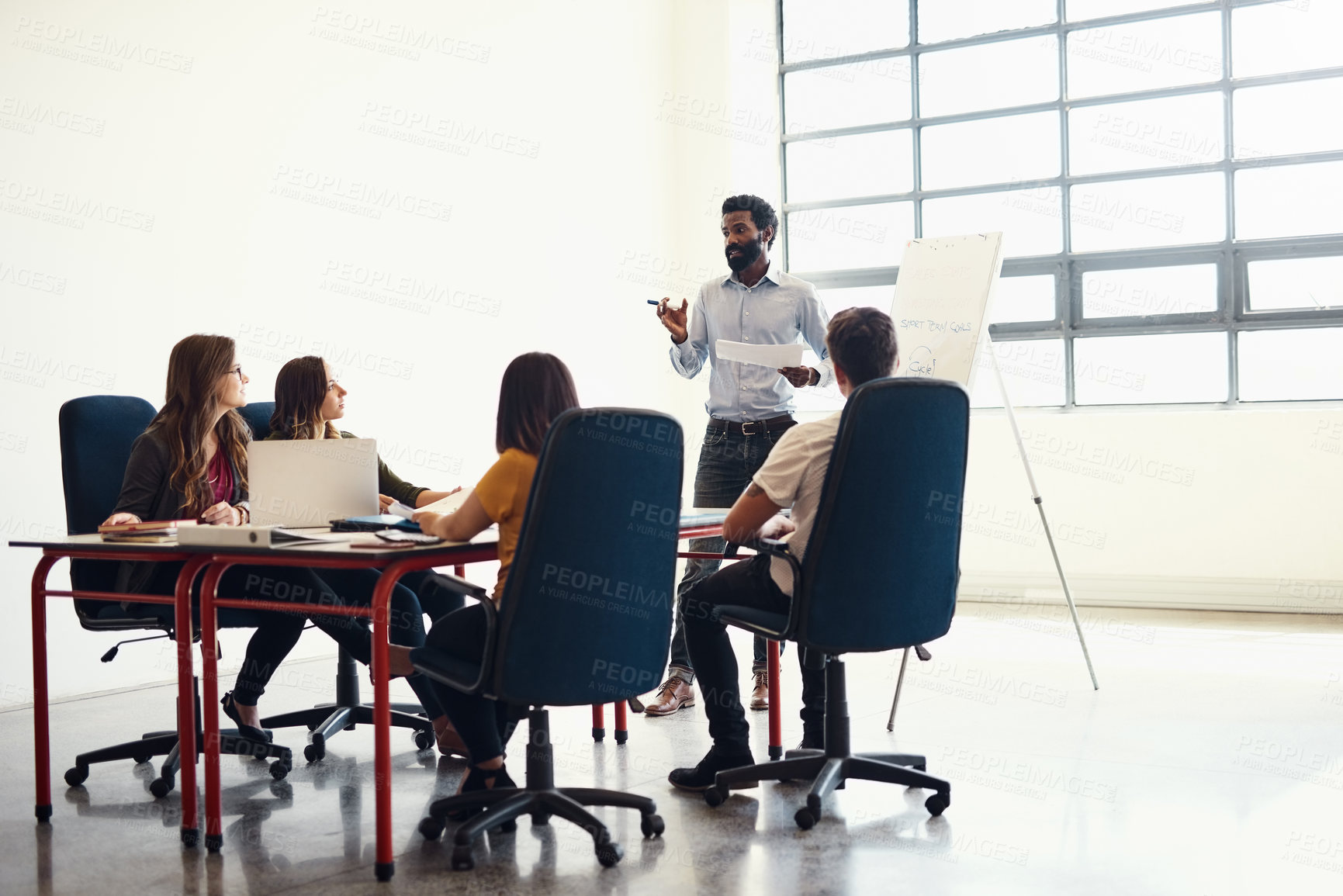 Buy stock photo Meeting, seminar and whiteboard with business man in boardroom of office for coaching or training. Agenda, presentation and workshop with employee teaching staff in workplace for upskill development