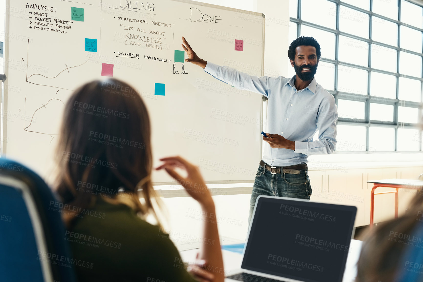 Buy stock photo Laptop screen, presentation and whiteboard with business man in boardroom of office for coaching or training. Agenda, computer and workshop with employee teaching staff for upskill development