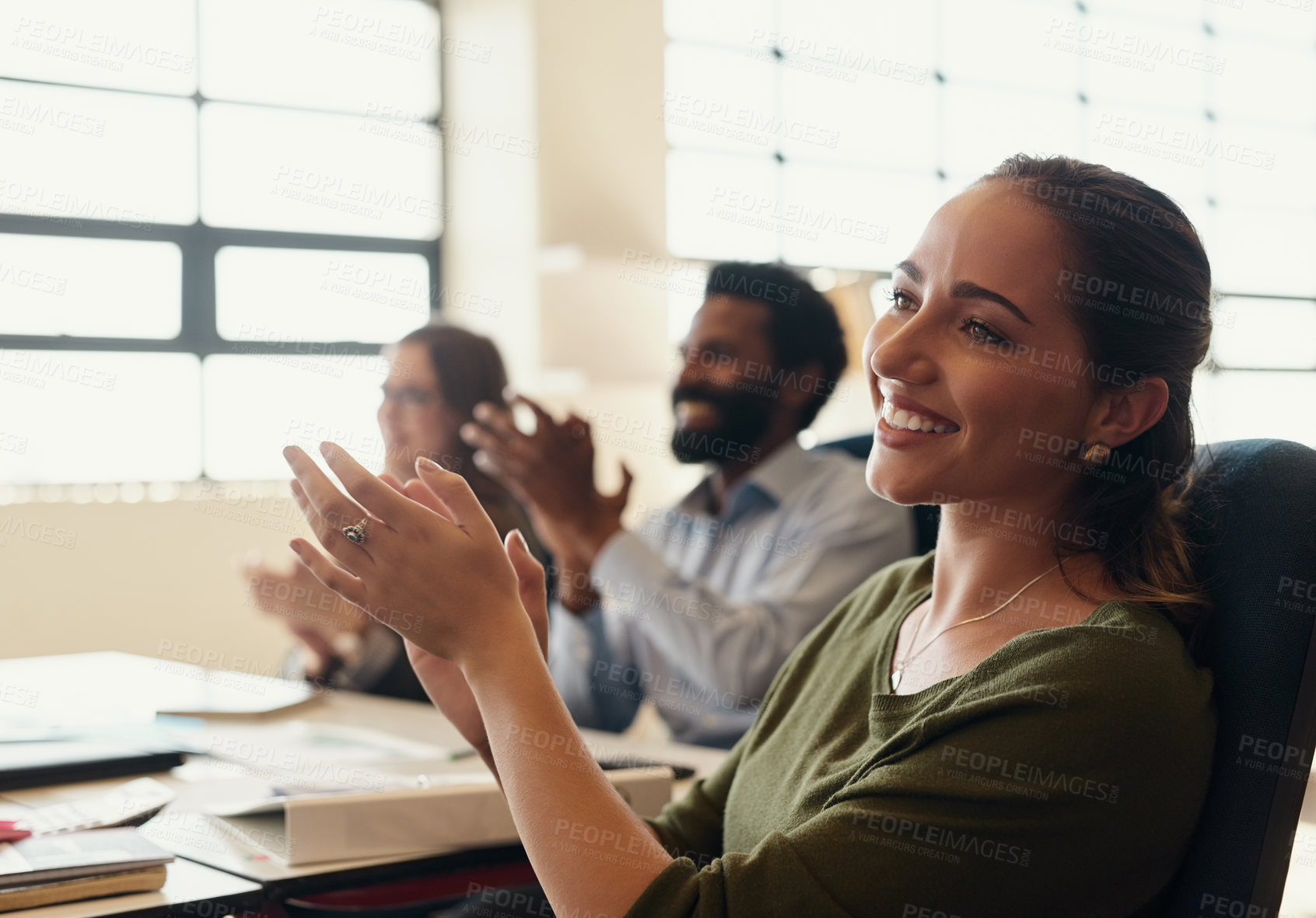 Buy stock photo Happy business people, group and clapping for presentation, company success and congratulations in office. Audience smile, staff and applause for conference with winning, team promotion and meeting