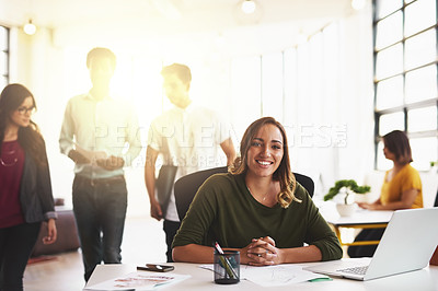 Buy stock photo Business woman, smile and portrait with laptop at desk in office for creative startup company. Face, happy professional and technology for graphic designer, entrepreneur or web designer agency