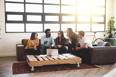 Buy stock photo Full length shot of a group of young designers having a meeting in a modern office