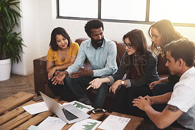 Buy stock photo Brainstorming, people and laptop on couch in office for discussion, planning and paperwork. Engineer, team and online in creative agency for meeting and development or strategy and graph for project