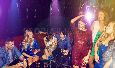 Buy stock photo Party, friends group and happy in nightclub together for new years celebration, birthday party or dancing at club event. Disco dance, group of people and celebrate happiness energy with cocktails 