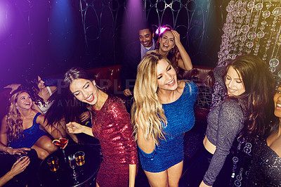 Buy stock photo Dance, club celebration and friends at a party, happy event and night energy on new years at a disco. Social, dancing and group of women at a night club to celebrate a birthday and happiness