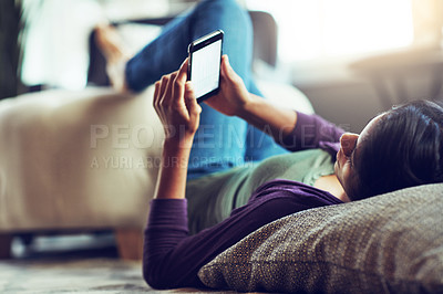 Buy stock photo Woman, relax and phone with screen on floor for communication, social media or news at home. Female person lying on mobile smartphone for online browsing, chatting or texting in living room at house