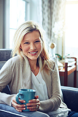 Buy stock photo Portrait, drinking coffee and woman relax in living room for morning breakfast, latte or espresso for energy in home. Tea, girl and person on sofa for peace, calm or enjoy healthy beverage in house