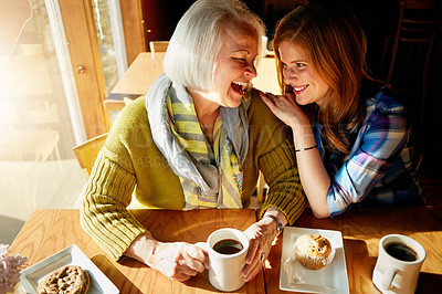 Buy stock photo Senior woman, happy and daughter with laughing in cafe for memories or bonding with relax. Restaurant, coffee shop and discussion with people, conversation and smiling family with love in France.