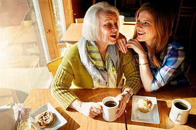 Buy stock photo Senior woman, joke and daughter happy in cafe for memories or bonding to relax. Restaurant, coffee shop and discussion with people, conversation and family smiling with love and muffin in France.