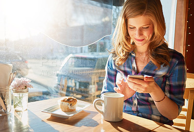 Buy stock photo Woman, coffee and smartphone in cafe for breakfast, app and digital menu with happiness in city. Girl, smile and muffin in Sweden at restaurant with phone for email, chat and online customer feedback