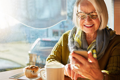 Buy stock photo Senior woman, smartphone and coffee in cafe for breakfast, app and digital menu with happy in city. Elderly person, smile and muffin in Sweden at restaurant with phone for chat, email or internet