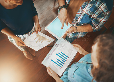 Buy stock photo Above, graphs or hands of business people with tablet planning a project with charts or data research. Teamwork, finance paperwork or financial accountants documents in meeting for a digital strategy