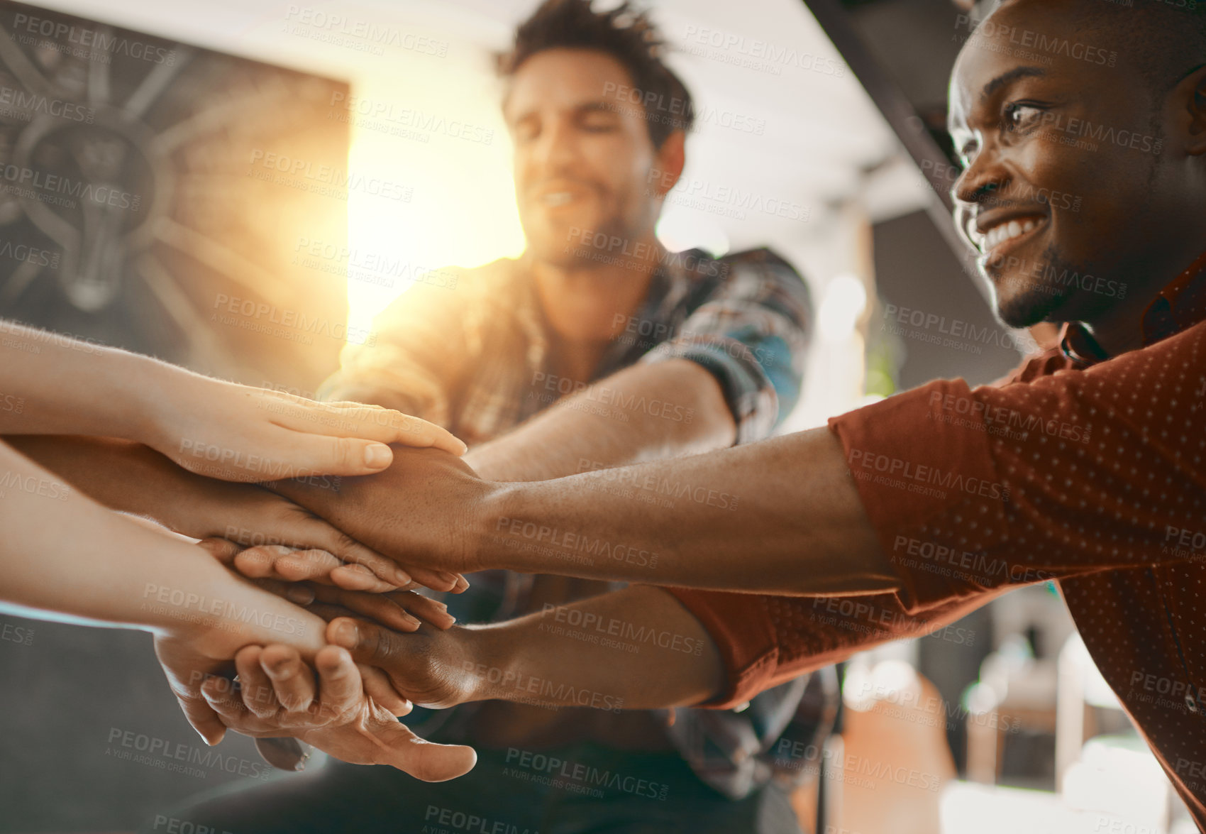 Buy stock photo Creative, people and hand stack in office for business, creativity and collaboration. Employees, synergy and gesture in workplace for community, team building and huddle for cooperation with trust