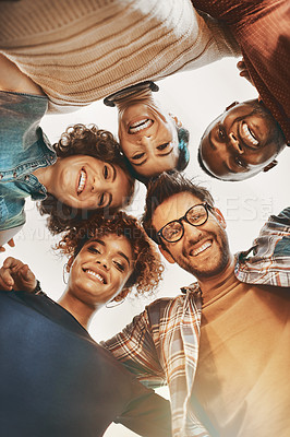 Buy stock photo Group, happy and portrait of people in team building excited or happy together for collaboration at startup company. Smile, diversity and small business employees in a circle at agency from below
