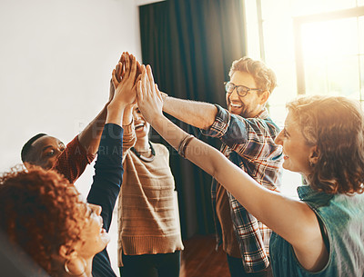 Buy stock photo High five, creative or happy people in meeting for team building, motivation or collaboration success. Startup goal, teamwork or excited employees celebrate winning mission victory or group target