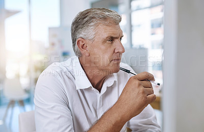 Buy stock photo Mature, man and computer or thinking in workplace, policy administrator and online business review for company. Compliance research, info and reading internet regulations, report and pc in office