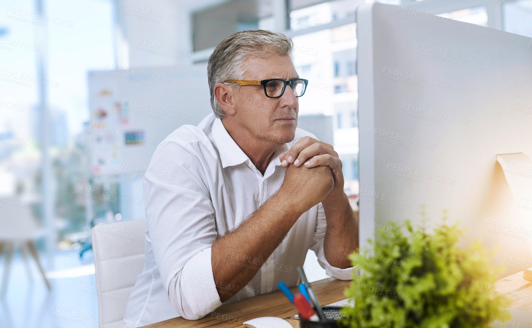 Buy stock photo Mature, man and computer or vision in workplace, policy administrator and online business review for company. Compliance research, agenda and reading regulations report, pc and thinking in office