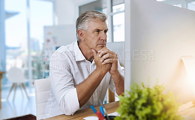 Buy stock photo Mature, man and computer with vision in office, planning and serious for online business review or email communication. Reading, information and professional on company website, internet report on pc