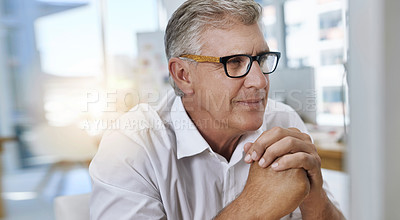 Buy stock photo Business man, CEO and online with computer for reading finance proposal, positive feedback and information. Mature professional, technology and smile for contract agreement, company budget and email