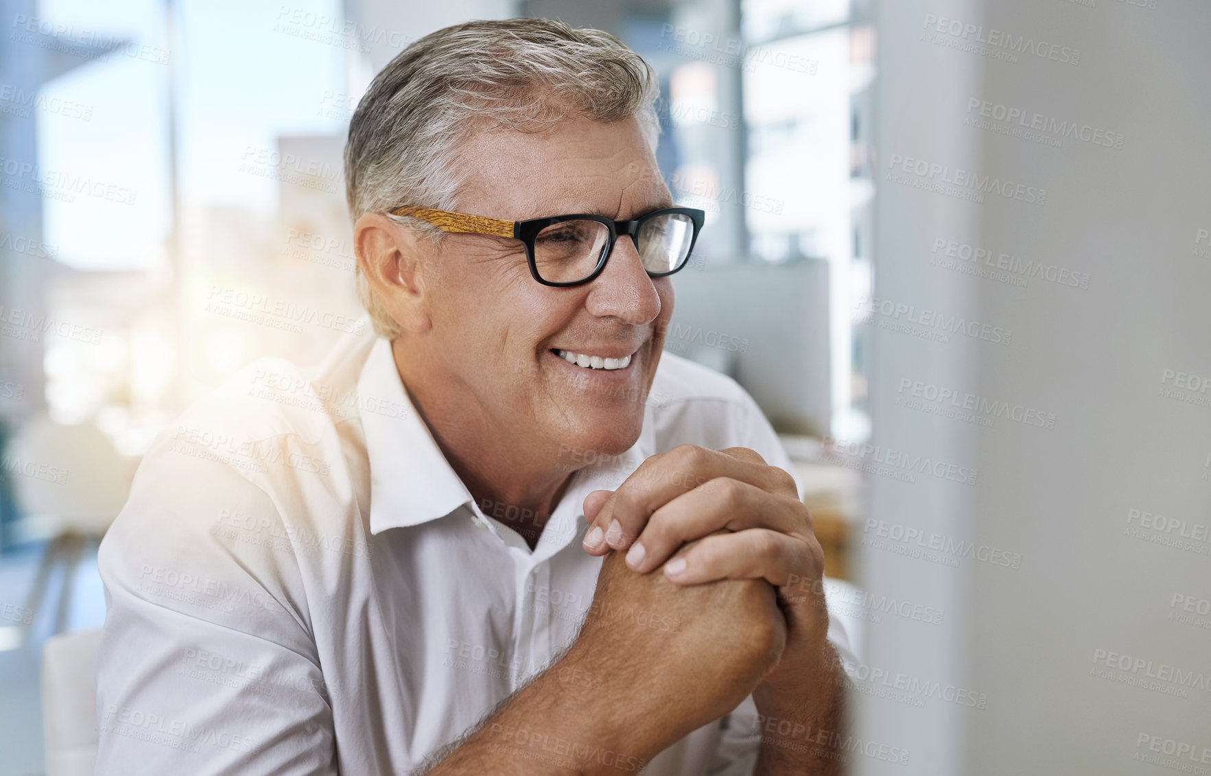 Buy stock photo Mature, businessman and happy in office with computer, smiling and reading online review for company or report. Email, communication and internet proposal for business, research and professional