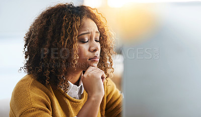 Buy stock photo Woman, computer error and stress in workplace, employee depression and mental health burnout. Female person, frustrated and tired of glitch or internet trouble, reporter and article fail or disaster