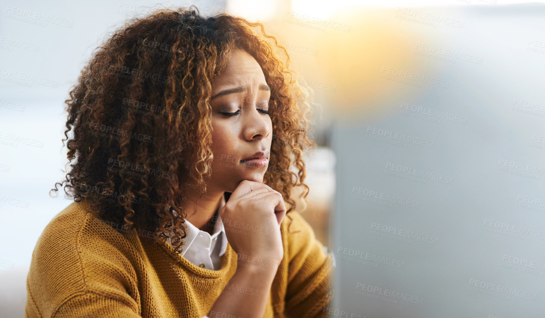 Buy stock photo Woman, computer error and stress in workplace, employee depression and mental health burnout. Female person, frustrated and tired of glitch or internet trouble, reporter and article fail or disaster