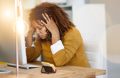 Buy stock photo Woman, computer glitch and stress in workplace, employee depression and mental health burnout. Female person, frustrated and tired of error or internet trouble, lens flare and policy fail or disaster