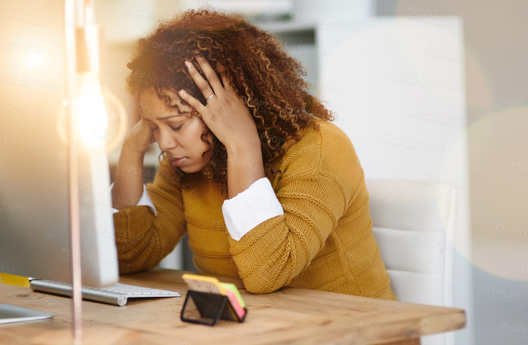 Buy stock photo Woman, computer glitch and stress in workplace, employee depression and mental health burnout. Female person, frustrated and tired of error or internet trouble, lens flare and policy fail or disaster