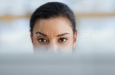 Buy stock photo Closeup of a young businesswoman's eyes while she works on her computer in the office at work
