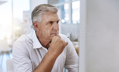 Buy stock photo Mature, man and computer or serious thinking, planning and online vision for business review or email communication. Research, pc info and employee on company website, internet proposal and idea