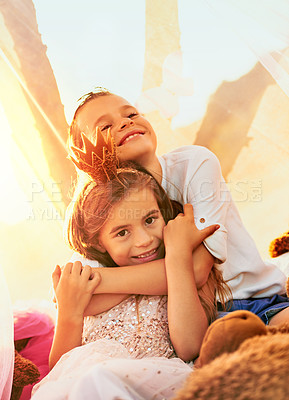 Buy stock photo Shot of an adorable little brother and sister playing outdoors