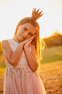 Buy stock photo Girl, crown and sleeping in nature for portrait, fantasy and glitter for fairytale themed birthday party. Child, princess or peace in field for play time, adventure or dress up at sunset in Australia